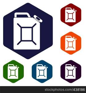 Fuel jerrycan icons set hexagon isolated vector illustration. Fuel jerrycan icons set hexagon