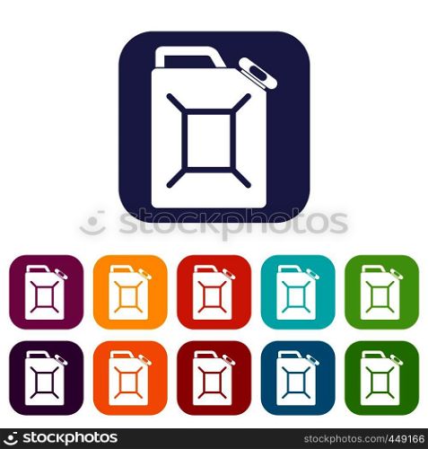 Fuel jerrycan icons set vector illustration in flat style In colors red, blue, green and other. Fuel jerrycan icons set flat