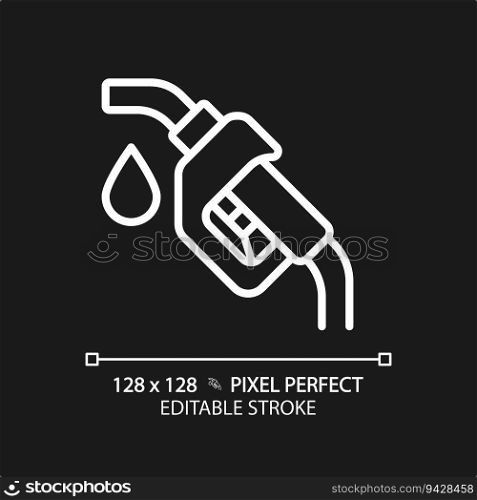 Fuel nozzle white linear icon for dark theme. Gas station. Gasoline pump. Fuel dispenser. Engine running. Refueling car. Thin line illustration. Isolated symbol for night mode. Editable stroke. Fuel nozzle white linear icon for dark theme