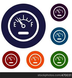 Fuel sensor icons set in flat circle reb, blue and green color for web. Fuel sensor icons set
