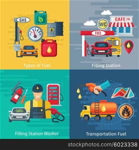 Fuel Station Concept Icons Set . Fuel station concept icons set with oil workers and cars symbols flat isolated vector illustration