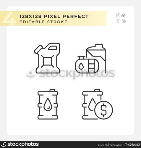 Fuel storage linear icons set. Oil refining. Energy resource. Fuel consumption. Global market. Customizable thin line symbols. Isolated vector outline illustrations. Editable stroke. Fuel storage linear icons set