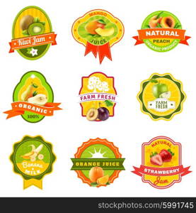 Fuits Emblem Labels set Color. Natural organically grown fruits products emblems labels collection for healthy responsible diet abstract isolated vector illustration
