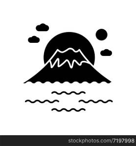 Fuji mount black glyph icon. Tokyo mountain with sunrise. Japanese volcano with sea and sunset. Fujiyama peak with sky and lake. Silhouette symbol on white space. Vector isolated illustration