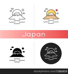 Fuji mount icon. Tokyo mountain with sunrise. Japanese volcano with sea and sunset. Fujiyama peak with sky and lake. Linear black and RGB color styles. Isolated vector illustrations. Fuji mount icon. Tokyo mountain with sunrise