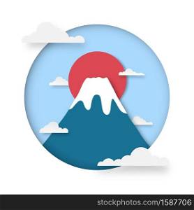 Fuji mountain background. Mountain Fuji with snow on the peak at sunrise. Japanese greeting card or banner paper cut. Vector illustration