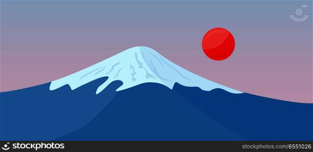 Fuji mountain with snow on the top and red sun isolated on white background. Japanese landscape. The highest mountain peak in Japan. Part of series of travelling around the world. Vector illustration. Fuji Mountain with Snow on the Top and Red Sun