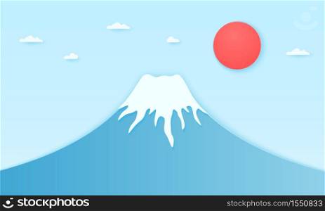 Fuji mountain with sun and clouds, paper art style