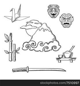 Fujiyama mountain in clouds and big sun surrounded by symbols of japanese culture including katana samurai sword, bamboo sprouts, bowl with rice and chopsticks, origami crane and traditional masks. Japan travel elements in sketch style