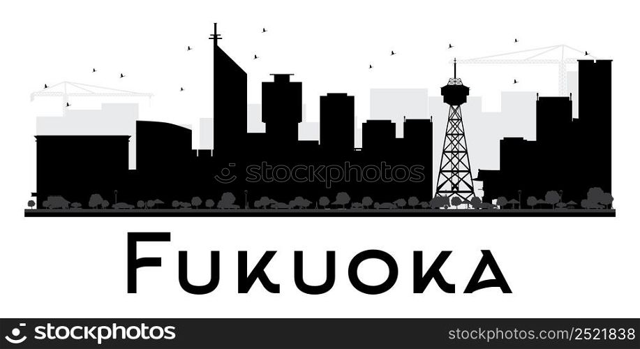 Fukuoka City skyline black and white silhouette. Vector illustration. Simple flat concept for tourism presentation, banner, placard or web site. Business travel concept. Cityscape with landmarks