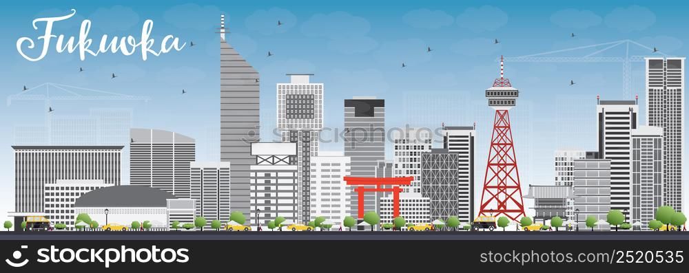 Fukuoka Skyline with Gray Landmarks and Blue Sky. Vector Illustration. Business Travel and Tourism Concept with Historic Buildings. Image for Presentation Banner Placard and Web Site.