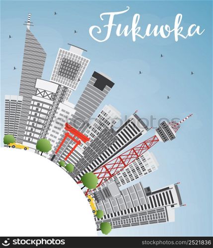 Fukuoka Skyline with Gray Landmarks, Blue Sky and Copy Space. Vector Illustration. Business Travel and Tourism Concept with Historic Buildings. Image for Presentation Banner Placard and Web Site.