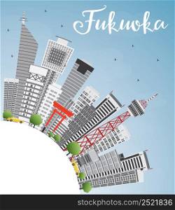 Fukuoka Skyline with Gray Landmarks, Blue Sky and Copy Space. Vector Illustration. Business Travel and Tourism Concept with Historic Buildings. Image for Presentation Banner Placard and Web Site.