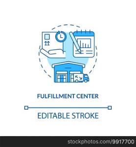 Fulfillment center concept icon. Ecommerce warehouse solutions. Packing buildings for your store. Commerence idea thin line illustration. Vector isolated outline RGB color drawing. Editable stroke. Fulfillment center concept icon