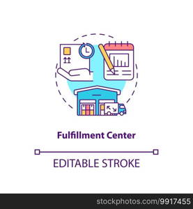 Fulfillment center concept icon. Ecommerce warehouse solutions. Packing facilities for your store. Commerence idea thin line illustration. Vector isolated outline RGB color drawing. Editable stroke. Fulfillment center concept icon