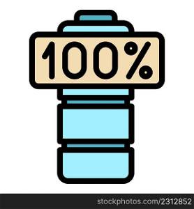 Full 100 percent battery icon. Outline full 100 percent battery vector icon color flat isolated. Full 100 percent battery icon color outline vector