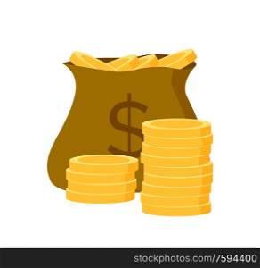 Full bag with dollar symbol, coins or golden money, bank and investment object, moneybag element for decoration, gold in sack, finance and currency, tax vector. Symbol of Cash, Golden Coins in Bag, Dollar Vector