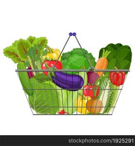 Full basket with different healthy food. metal Supermarket shopping basket with vegetables . vector illustration in flat style.. Full basket with different healthy food.