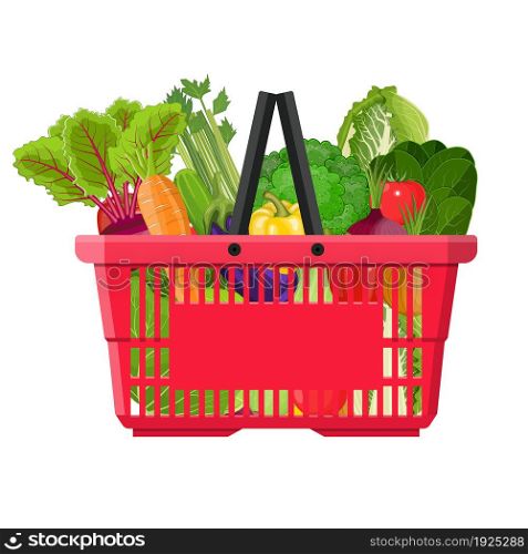 Full basket with different healthy food. Supermarket shopping basket with vegetables . vector illustration in flat style.. Full basket with different healthy food.