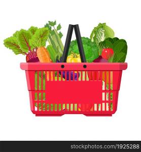 Full basket with different healthy food. Supermarket shopping basket with vegetables . vector illustration in flat style.. Full basket with different healthy food.