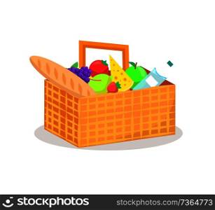 Full basket with products, bottle of fresh water, bread and vegetables fruits, red strawberries, grapes apple, yellow cheese, vector illustration. Full Basket with Products Vector Illustration