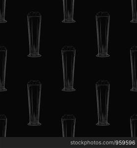 Full beer glass seamless pattern on blackboard. Beer mug with foam backdrop. Engraving style. Alcoholic beverage design. Hand drawn vector illustration on white background. Full beer glass seamless pattern on blackboard. Beer mug with foam backdrop.
