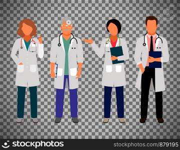 Full body standing male medical doctor and female physician isolated on transparent background, vector illustration. Medical doctors on transparent background