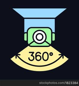 Full camera rotation RGB color manual label icon for dark theme. Panoramic view. Isolated vector illustration on night mode background. Simple filled line drawing on black for product use instructions. Full camera rotation RGB color manual label icon for dark theme