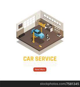 Full car service garage auto repair check spare parts change including tires transmission isometric composition vector illustration