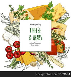 Full color realistic cheese banner, hand drawn vector sketch illustration, poster design for restaurants.