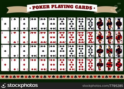 Full deck of poker playing cards with header tape and isolated cards on green background vector illustration . Full Deck Of Poker Playing Cards