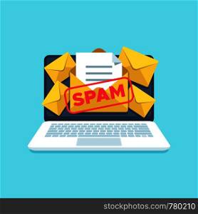 Full email inbox of spam. Spammer letters in full mailbox on computer screen isolated. Computers virus scam lot messages junk in letterbox vector icon flat illustration. Full email inbox of spam. Spammer letters in mailbox on computer screen. Computers virus scam messages in letterbox vector illustration