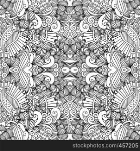 Full frame beautiful symmetrical seamless background filled with spiral leafy shapes in black and white. Symmetrical abstract seamless background