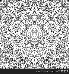 Full frame kaleidoscope background of patterns composed with geometric designs against white and having floral elements. Full frame kaleidoscope background of patterns