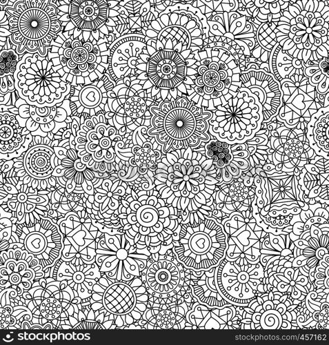 Full frame outline of circular seamless pattern with shapes of hearts flowers leaves and intricate lines. Full frame outline of circular seamless pattern