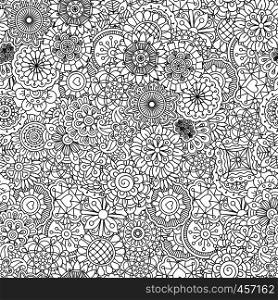 Full frame outline of circular seamless pattern with shapes of hearts flowers leaves and intricate lines. Full frame outline of circular seamless pattern