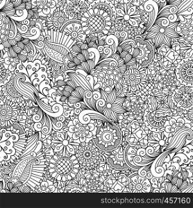 Full frame outline of elegant seamless pattern with shapes of hearts flowers leaves and intricate lines. Full frame outline of elegant seamless pattern