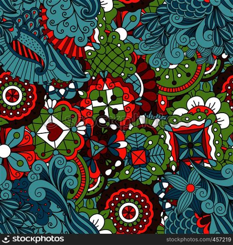 Full frame seamless floral pattern colored green with some red and brown with other geometric elements. Full frame seamless floral pattern colored green