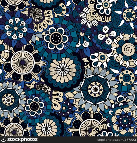 Full framed background in various blue tones and decorative patterns made of geometric elements. Full framed background in various blue tones