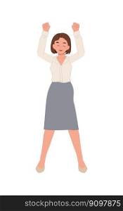 Full Length Businesswoman  Winner Success. Business Woman Excited Hold Hands Up Raised Arms, Flat Vector cartoon Illustration