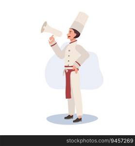 Full-Length Chef Illustration. Confident Male Chef Holding Megaphone. Professional Chef Announcing with Megaphone. Flat vector cartoon illustration