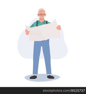 Full length illustration of Elderly man Reading Newspaper. Grandpa Standing Engrossed in Reading Newspaper