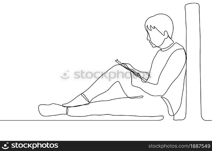 full length man sits on the windowsill of a large window reading a book, he put a book / textbook / notebook on his knee. one line drawing concept of reading alone