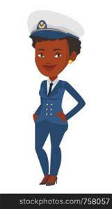 Full length of african-american female ship captain. Young smiling female ship captain standing with hands on her waist. Vector flat design illustration isolated on white background.. Smiling ship captain in uniform at the port.