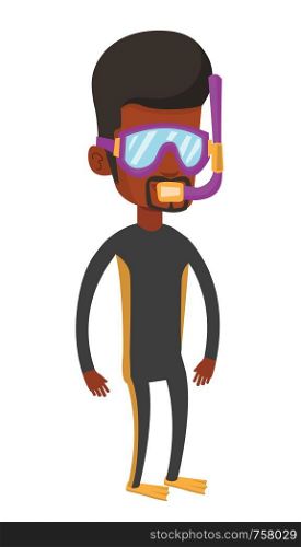 Full length of african-american man wearing diving suit, flippers, mask and tube. Diver enjoying snorkeling. Diver ready for snorkeling. Vector flat design illustration isolated on white background.. Young scuba diver vector illustration.