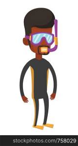 Full length of african-american man wearing diving suit, flippers, mask and tube. Diver enjoying snorkeling. Diver ready for snorkeling. Vector flat design illustration isolated on white background.. Young scuba diver vector illustration.