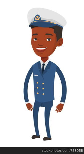 Full length of african-american ship captain. Young smiling ship captain. Vector flat design illustration isolated on white background.. Smiling ship captain in uniform.