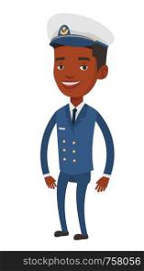 Full length of african-american ship captain. Young smiling ship captain. Vector flat design illustration isolated on white background.. Smiling ship captain in uniform.