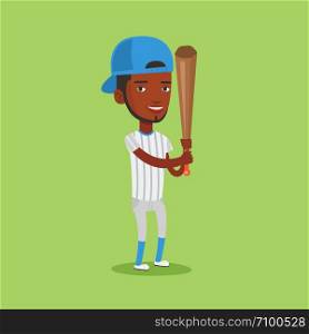 Full length of african-american smiling baseball player in uniform. Professional baseball player standing with a bat. Cheerful baseball player in action. Vector flat design illustration. Square layout. Baseball player with bat vector illustration.