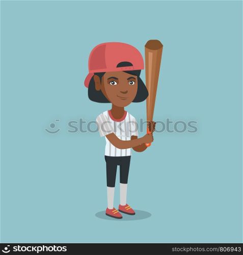 Full length of african-american smiling baseball player in uniform holding a bat. Young professional sportswoman playing baseball. Vector cartoon illustration. Square layout.. Young african-american baseball player with a bat.